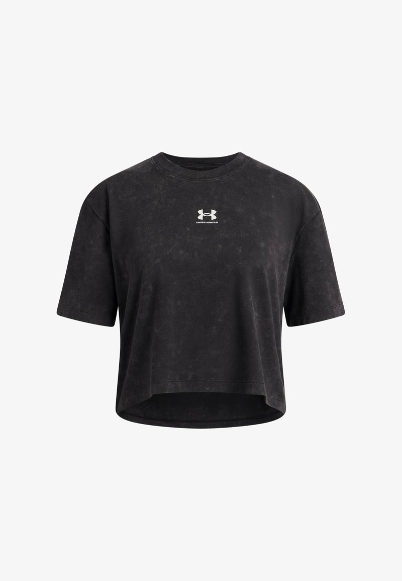 T-shirt noir court en tissu doux, avec des manches courtes amples et un logo Under Armour blanc sur la poitrine. Finition texturée.