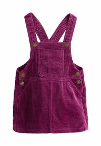 Salopette in corduroy viola con bretelle regolabili, tasca frontale e due tasche laterali. Caratterizzata da una texture a coste e dettagli in metallo.