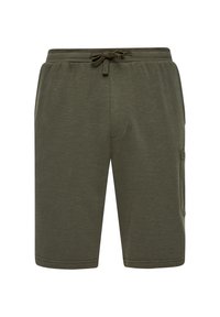 Olivgrüne Shorts aus einem weichen, strukturierten Stoff. Mit einem elastischen Bund und einem Kordelzug sowie einer Seitentasche.