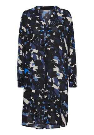 Long-sleeve button-up dress in black with abstract blue and white patterns, featuring a relaxed fit and soft fabric texture.