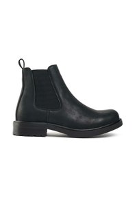 Black leather Chelsea boot with elastic side panel and pull tab. Rounded toe, low-profile rubber sole, textured upper.