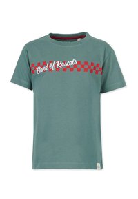 Green cotton t-shirt featuring a red and white checkered pattern and "Band of Rascals" text in a playful font on the front. Short sleeves.