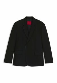 Black blazer made from smooth fabric. Features notched lapels, two front pockets, and a bold red label inside with "HUGO" branding.