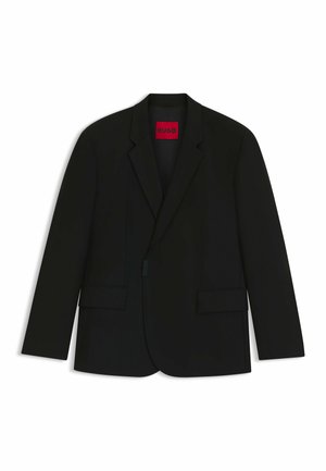 Black blazer made from smooth fabric. Features notched lapels, two front pockets, and a bold red label inside with "HUGO" branding.