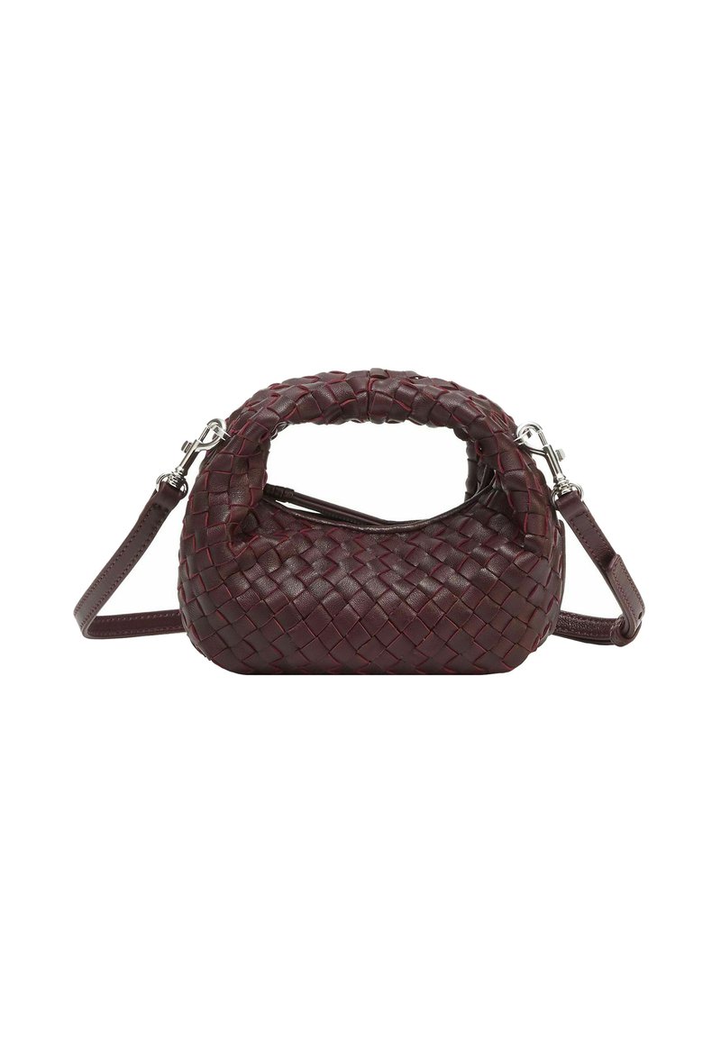 Borsa in pelle borgogna intrecciata con manico curvo e tracolla removibile. Caratterizzata da un'apertura con zip e una finitura testurizzata.