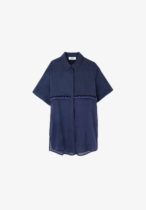 Navy blue short-sleeve shirt in lightweight fabric with a textured upper section featuring colorful, decorative embroidery across the chest.