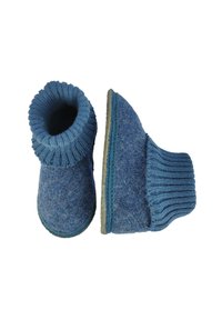Blauwe vilten slippers met een gebreide manchette, ronde neus en een gestructureerd oppervlak. Heeft een platte, flexibele zool en contrasterende stiksels.