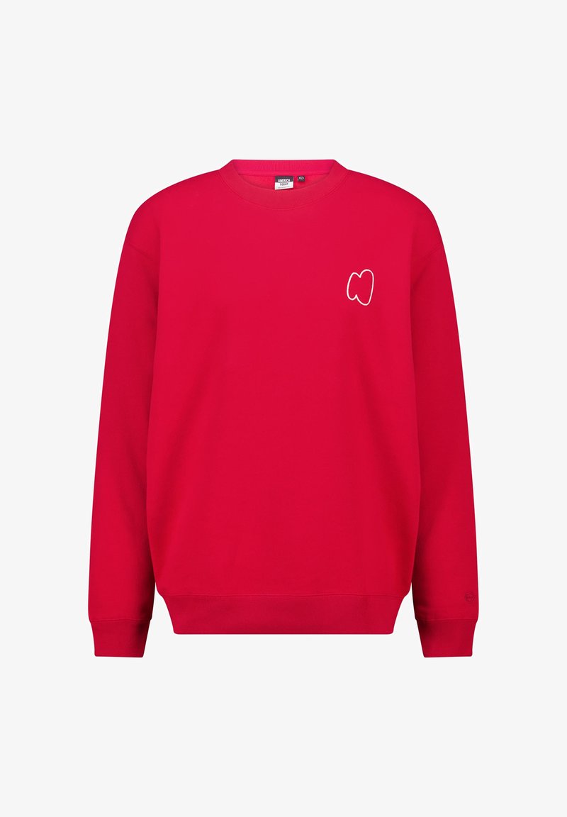 Rode sweatshirt van katoen, met een ronde hals, lange mouwen, geribde manchetten en een wit logo-ontwerp op de voorkant.