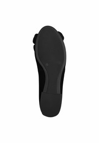 Svart platt skosula med texturerat gummi för grepp, rund tådesign och en slät finish. Storleksangivelse synlig på sulan.