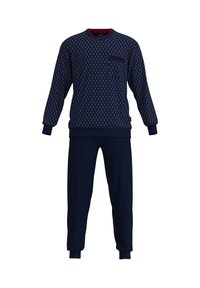 Navy patterned tracksuit with a long-sleeve top featuring a crew neckline and a chest pocket, coordinated with matching sweatpants.