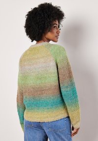 Sweter z wielokolorowego dzianiny z gradientowymi odcieniami zieleni, żółci i niebieskiego. Miękka tekstura, luźny krój i rękawy raglanowe.