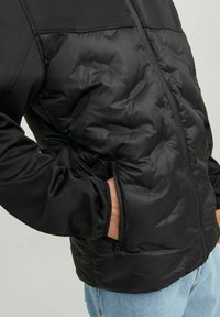 Zwarte donzen jas met een gestikte structuur, een ritssluiting, zijzakken en een zacht bovenmateriaal. Model draagt lichtdenim broek.