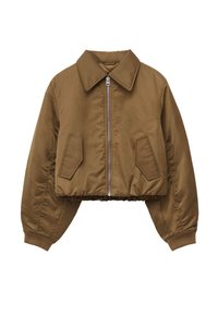 Braune, verkürzte Bomberjacke mit einem Reißverschluss vorne, großen aufgesetzten Taschen und gerippten Bündchen. Glattes, glänzendes Material mit einem strukturierten Kragen.