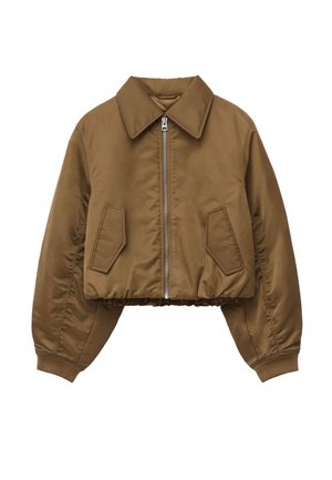 Braune, verkürzte Bomberjacke mit einem Reißverschluss vorne, großen aufgesetzten Taschen und gerippten Bündchen. Glattes, glänzendes Material mit einem strukturierten Kragen.