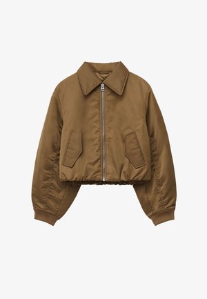 Brown cropped bomber jacket with a zip front, large patch pockets, and ribbed cuffs. Smooth, shiny fabric with a structured collar.