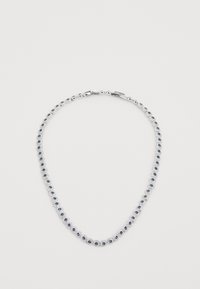 Silver necklace featuring circular blue gemstones set in a delicate chain with a secure clasp, reflecting light with a subtle shine.