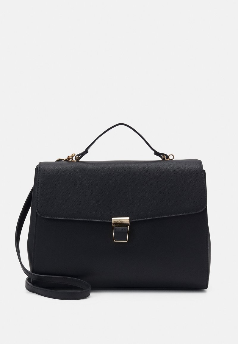 Sac à main structuré noir avec une texture lisse, une fermeture en métal doré et une bandoulière amovible. Il dispose d'une poignée supérieure et d'un design épuré.