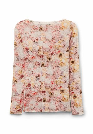 Langarmhemd mit einem weichen Rosenmuster in Rosa, Creme und Beige, ausgestattet mit einem abgerundeten Ausschnitt und enganliegenden Ärmeln.