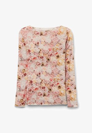 Lange mouwen shirt met een zachtroze, crème en beige rozenbloemenpatroon, met een ronde halslijn en aangesloten mouwen.