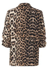 Camicia con stampa leopardata, dal taglio rilassato, nei colori beige e nero, con maniche lunghe e polsini arrotolati, e una trama morbida.