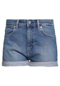 Denimshorts i mörkblått med uppvikt nederkant. Funktioner inkluderar hög midja, knappstängning framtill och två sidofickor. Mjuk textur.