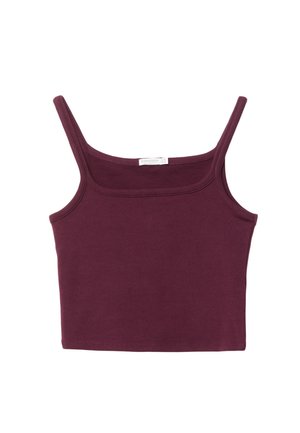 Top in bordeaux con spalline sottili, scollatura rettangolare e design aderente. Realizzato in tessuto elastico con texture liscia.