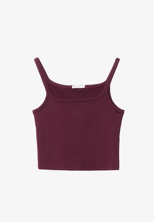 Burgundowa bluzka na ramiączkach z cienkimi paseczkami, prostokątnym dekoltem i dopasowanym krojem. Wykonana z elastycznej tkaniny o gładkiej fakturze.