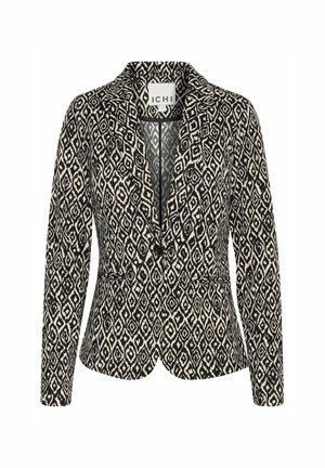 Schwarzer und weißer gemusterter Blazer mit Reverskragen, einem Knopfverschluss und taillierter Passform. Verfügt über seitliche Taschen und lange Ärmel.