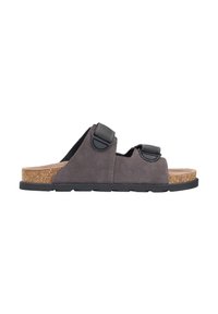 Gray suede sandal featuring dual adjustable straps, cork footbed, and a textured black rubber sole. Side profile view displayed.