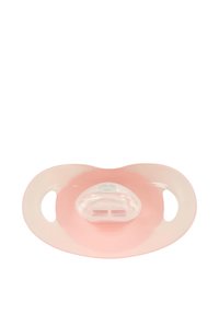 Σιλικόνη πιπίλα με στρογγυλή ροζ ασπίδα, διαφανή θηλή και διπλές πλευρικές λαβές για εύκολο κράτημα. Λείος, ελαφρώς υφασμάτινος επιφάνεια.