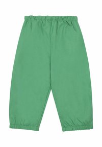 Groene broek met elastische taille en een ontspannen pasvorm, gathered boorden en een gladde textuur. Geen patronen of extra hardware zichtbaar.