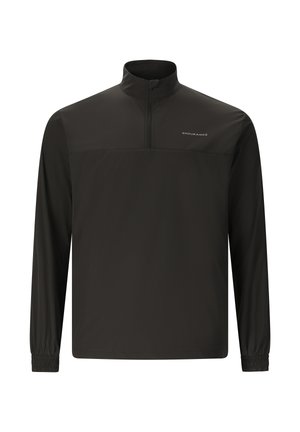 Pull-over sportif noir à manches longues avec col à fermeture éclair quartale et poignets élastiques, comportant un petit texte "ENDURANCE" sur le côté gauche de la poitrine.