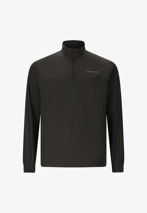 Pull-over sportif noir à manches longues avec col à fermeture éclair quartale et poignets élastiques, comportant un petit texte "ENDURANCE" sur le côté gauche de la poitrine.