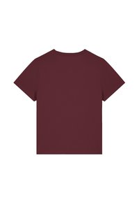 Burgunderfarbene Kurzarm-T-Shirt mit Rundhalsausschnitt. Glatte Textur und ein einfaches, ungeschmücktes Design ohne sichtbare Logos oder Muster.