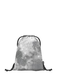 Zaino con cordino caratterizzato da un design di luna grigia e bianca, realizzato in tessuto leggero, con cordini neri e dettagli in basso.