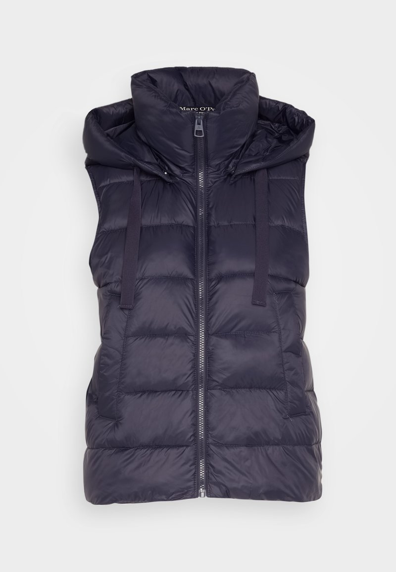 Navyblauer Puffer-Weste mit Kapuze, Frontreißverschluss und zwei seitlichen Taschen. Besitzt ein gestepptes Design und eine glatte, glänzende Textur.