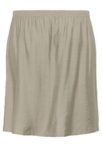 Jupe beige clair en tissu texturé avec une taille élastique. Présente une coupe droite et arrive juste au-dessus du genou. Sans motifs ni accents.