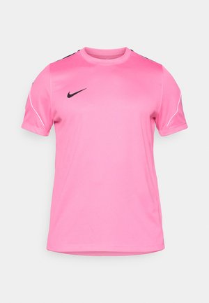 Maglia sportiva Nike rosa realizzata in tessuto texturizzato. Presenta maniche corte, collo tondo e dettagli neri sulle spalle. Logo nero sul petto.