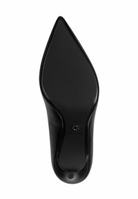 Black high heel shoe sole with a pointed toe, curved edges, and textured grip pattern. Includes manufacturer logo and size marking.