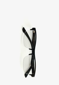 Black rectangular eyeglasses with clear lenses and contrasting black temples, featuring minimal hardware and a smooth, glossy texture.