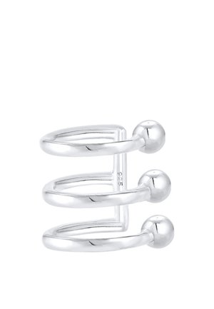 Manchette d’oreille en argent à triple boucle avec extrémités en boules rondes polies sur chaque boucle, conçue pour s’enrouler autour du bord de l’oreille sans fermoir.