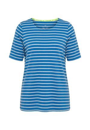 T-shirt a maniche corte con righe orizzontali blu e bianche, collo rotondo e vestibilità regolare.