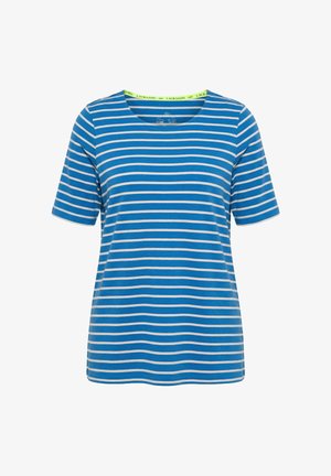 T-shirt a maniche corte con righe orizzontali blu e bianche, collo rotondo e vestibilità regolare.