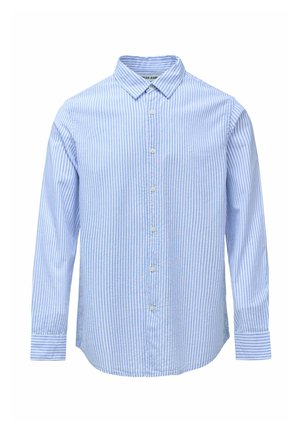 Camicia a maniche lunghe blu e bianca a righe con abbottonatura frontale, colletto e orlo curvo. Il tessuto sembra leggero e morbido.