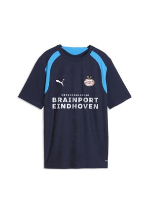 Maillot de football bleu foncé avec des accents bleu clair sur les épaules, logo PSV Eindhoven, logo Puma et texte du sponsor Brainport Eindhoven à l'avant.