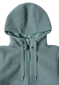 Fleece takki hupulla pehmeässä teal-värissä, jossa on vetoketjusulku, teksturoitu pinta ja kaiverruskoristellut narut säätöä varten.