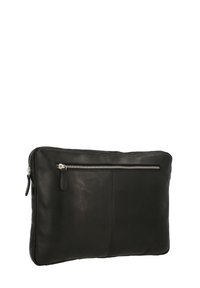 Černý kožený dokumentový pouch s hladkým povrchem, vybavený stříbrným zipem a dalším kapsou na zip na přední straně.