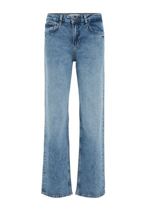 Blauwe jeans met hoge taille en rechte pijpen, met knoop- en ritsluiting, voor- en achterzakken en typische denimbies.