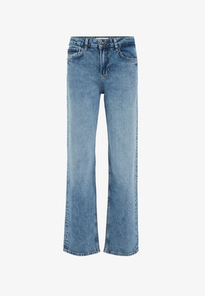 Modré rifle s vysokým pásom a rovnými nohavicami, so zapínaním na gombík a zips, predné a zadné vrecká a typické džínové prešívanie.