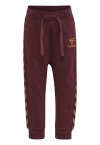 Bordeauxfarbene Jogginghose aus weichem Material, mit einem elastischen Bund, verstellbarem Kordelzug und goldenem Schachmuster an den Seiten.